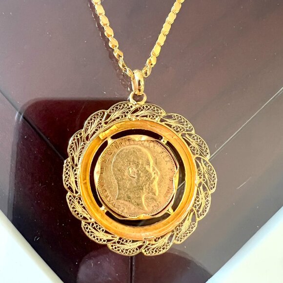 22K Gold 1904 King Edward Coin set on a 21K Gold Pendant & 21K Gold Necklace! - Picture 5 of 16